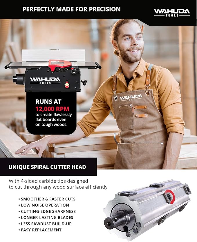 Wahuda Tools Jointer - 10-inch Benchtop Wood Jointer, Spiral Cutterhead Portable Jointer, Cast Iron Tables w/Pull Out Extensions, 4-Sided Carbide Tips & 12amp Motor, Woodworking Tools (50110CC-WHD)