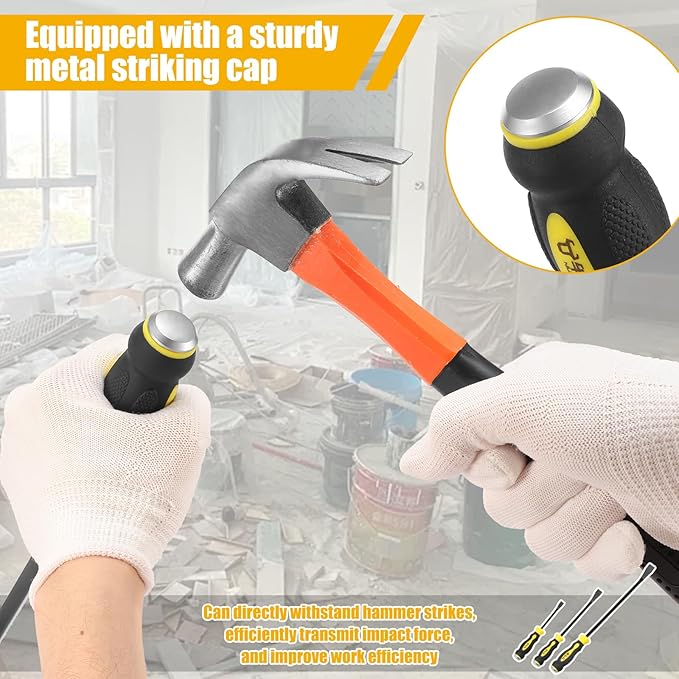3 Piece Pry Bar Set, 8" 12" 18" Heavy Duty Pry Bar Set with Metal Strike Cap, Mechanic Hand Tools, Angled Tip Crowbar Removal Tool with Non Slip Rubber Handle for Demolition Work