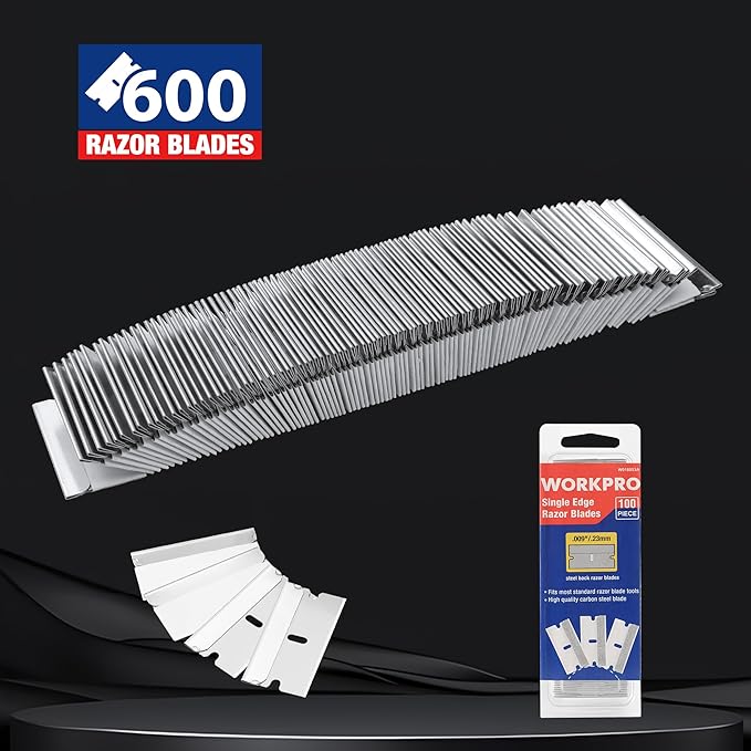 WORKPRO 600-Pack Single Razor Edge Blades, Industrial Scraper Razor Blades, High Carbon Steel One Edge Razor Blades
