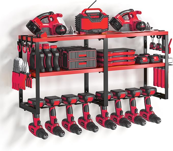 Power Tool Organizer Wall Mount, Heavy Duty Cordless Tool Organizer 8 Drill Holder, 3 Layer Garage Organization for Storage Rack, Suitable Tool Rack for Tool Room, Workshop, and Storage (Red)