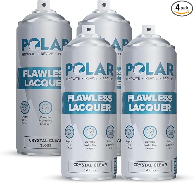 Polar Clear Gloss Flawless Lacquer Spray - 4 x 13.5 Fl Oz - Clear Coat Spray Paint - Non-Yellowing & Scratch Resistant - Interior & Exterior Surfaces for Wood, Metal, Plastics, Glass & Ceramics