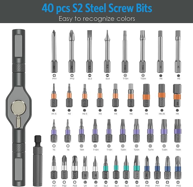 AMIR 42 in 1 Ratchet Screwdriver Set, Magnetic Screwdriver Set with 40 PCS Multi Bit, DIY Repair Tool Kit with Ratchet T Handle, Screw Driver Set Kit for Tools,Bicycle,Electronic Repair