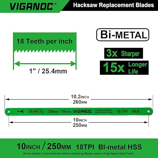 10" (250mm) Hacksaw Replacement Blades, Bi-Metal High Speed Steel Hack Saw Blades - 18TPI HSS Saw Blades, 10 Pack