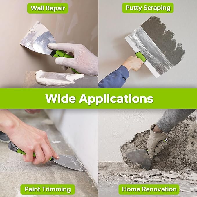 THINKWORK Drywall Tools - 8Pcs Stainless Steel Drywall Knife Set with Putty Knife, Taping Knives, Painter Scraper & 10" Mud Pan, Spackle Tool Set for Joint Taping, Finishing & Patching