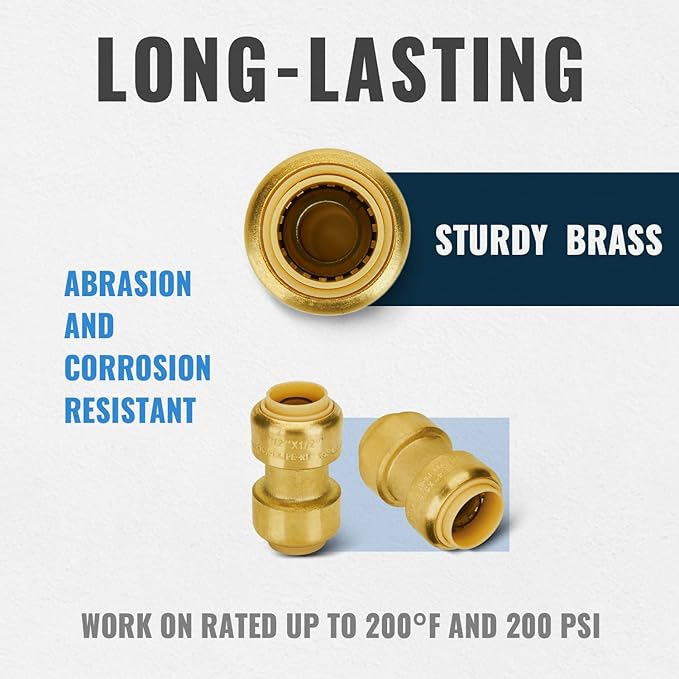 SUNGATOR Push Plumbing Fittings Set, 1/2 Inch Coupling (10 PCS), 3/4 Inch Coupling (10 PCS), No Lead Brass Push to Connect Pex Pipe, Copper, CPVC, with 2 Disconnect Clips, Pack of 20
