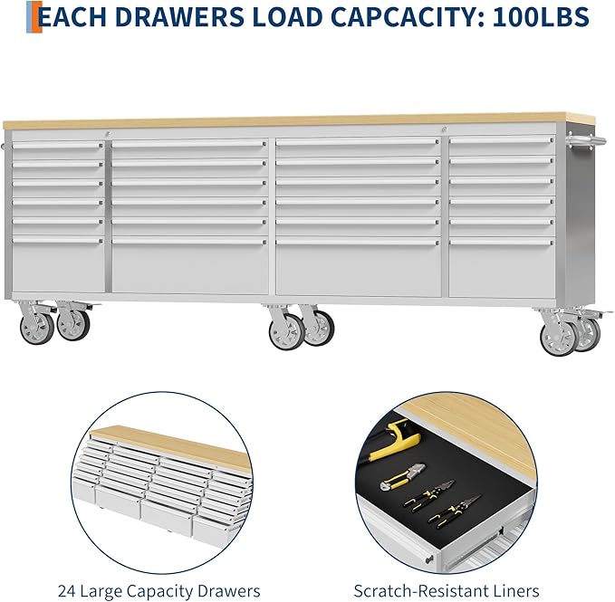 96 in Tool Chest, Tool Box Mobile 24 Drawers Storage Rolling Cabinet with Wheels Lock Key Locking System Drawer Liners for Garage Warehouse Repair Shop