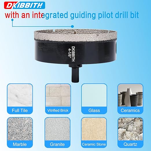 DKIBBITH 4-1/8" Diamond Hole-Saw Bits with Pilot Drill Bit - 4-1/8" Diamond Tipped Tile Hole Saws with Guiding Bit for Porcelain Tile Ceramic Pottery Granite Stone Glass Bottles 105mm.
