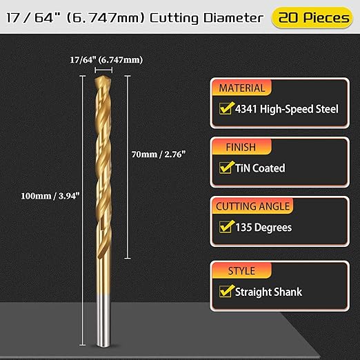 Drill Bit, 17/64" Cutting Diameter, 4341 HSS Jobber Bits TiN Coated 135° Cutting Angle - (Applications: for Drilling Soft Metal Plastic Wood), 20-Pieces