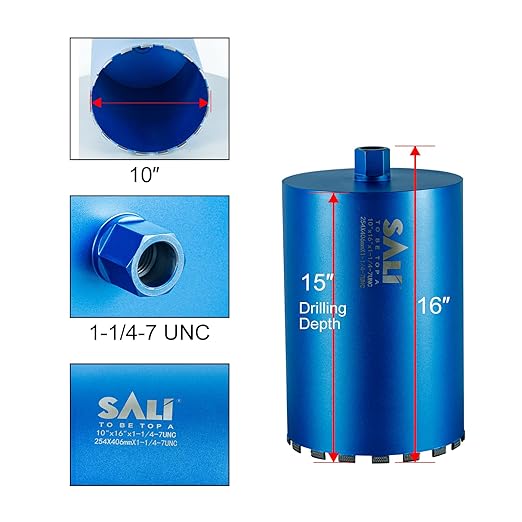 SALI Wet Diamond Core Drill Bits 10"/256mm Diameter, 15"/380mm Drilling Depth Concrete Core Drill Bit, 1-1/4-7" Thread Core Bit Turbo Laser-Welded Segments with Rebar, Brick, Block, Masonry, Stone