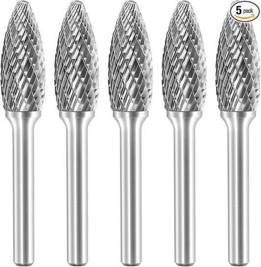 SH-5 Tungsten Carbide Burr Rotary File Flame Shape Double Cut with 1/4''Shank for Die Grinder Drill Bit - 5 Pcs