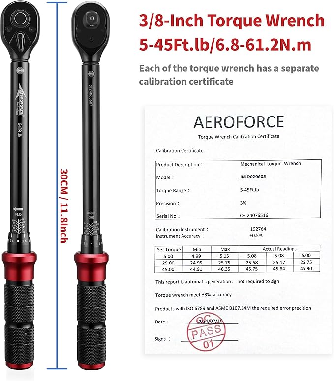 AEROFORCE 3/8-Inch Drive Torque Wrench竊?-45 lb.ft / 6.8-61.2 Nm),72 Tooth Dual Direction Reversible Ratchet, Dual Range Scales, Precision Calibrated for Bike, Motorcycle and Car Repair