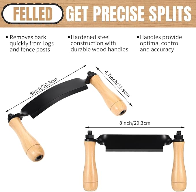 WILLBOND 2 Pcs 8 Inch Draw Shave Knife Set Draw Shave Knife Straight and Curved Woodworking Debarking Hand Tool Wood Razor Shaving Wood Barking Tool for Men(Straight, Curved)