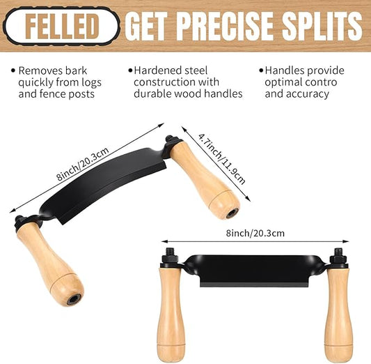 WILLBOND 2 Pcs 8 Inch Draw Shave Knife Set Draw Shave Knife Straight and Curved Woodworking Debarking Hand Tool Wood Razor Shaving Wood Barking Tool for Men(Straight, Curved)