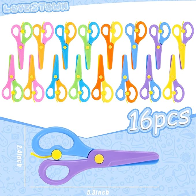 LOVESTOWN Kids Safety Scissors, 16 PCS Blunt Tip Toddler Scissors for Preschool Training, Anti-Pinch Design, Child Hand-Eye Coordination Development, Playdough Cutting Tools & Craft Activities
