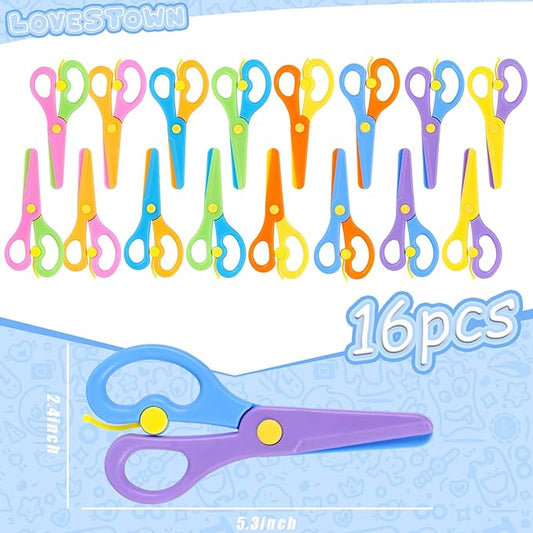 LOVESTOWN Kids Safety Scissors, 16 PCS Blunt Tip Toddler Scissors for Preschool Training, Anti-Pinch Design, Child Hand-Eye Coordination Development, Playdough Cutting Tools & Craft Activities