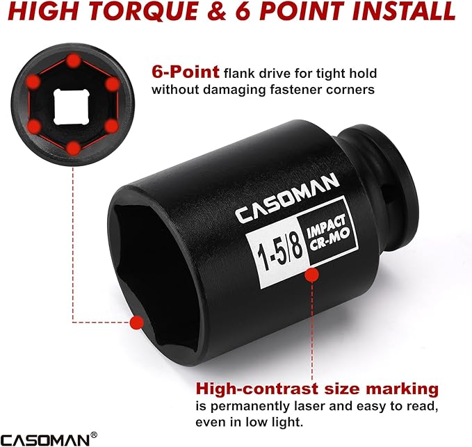 CASOMAN 10PCS 1/2" Drive Deep Spindle Axle Nut Impact Socket Set, 6-Point, Large Socket Set, SAE (1-1/16" to 1-5/8"), CR-MO