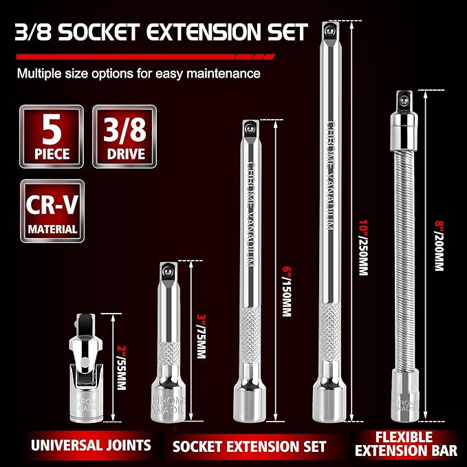 5-Piece 3/8 Inch Drive Extension Bar Set, Includes 3, 6, and 10 Inch Extensions, 3/8 Inch Drive Universal Joint Socket and Flexible Socket Extension Bar