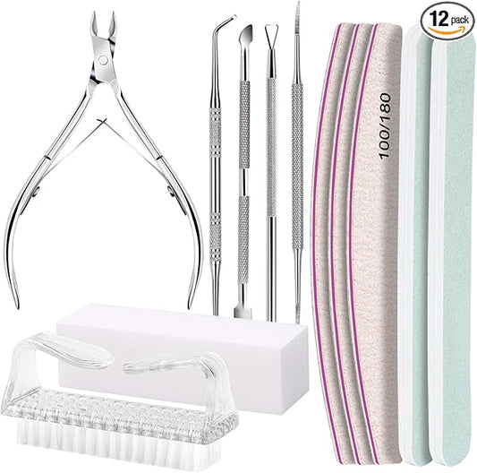 FANDAMEI Manicure Kit, Nail Files 100/180, Cuticle Nippers, Nail Buffer Block, Cuticle Pusher, Cuticle Peeler, Ingrown Toenail Tool, Toenail File, Nail Care Kit, Nail Tools for Manicure, White