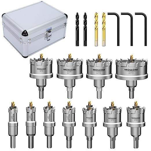 Mollom 11PCS (16-64mm) TCT Carbide Hole Saw Kit for Hard Metal, Hole Cutters with 4Pcs Extra Pilot Drill bits and 3Pcs Hex Keys for Stainless Steel,Iron,Aluminum,Alloy,Metal,Wood