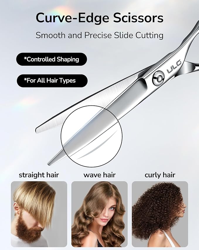ULG Professional Hair Cutting Scissors 6.5 Inch ??Japanese Stainless Steel Barber Shears for Salon & Home Haircut, Ergonomic Offset Handles with Silencer, Hand-Honed Sharp Blades, Silver