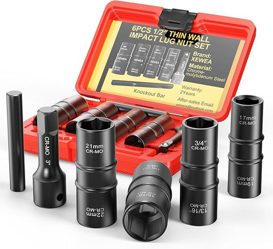 6PCS Lug Nut Impact Socket Set, XEWEA 1/2" Drive 8-IN-4 Flip Socket Design Metric 17 19 21 22 mm & SAE 3/4 13/16 7/8 15/16 in,Dual-End Thin Wall Nut Sockets with 3" Extension Bar & Knockout Bar