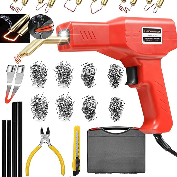 Plastic Welder,2 in 1 Plastic Welding Repair Kit with 1000pcs Hot Staples,4pcs Plastics Welding Rods,knife,Plier, Hot Staples Weld Gun Repair Kit for Car Bumper And Most Plastics(Red)