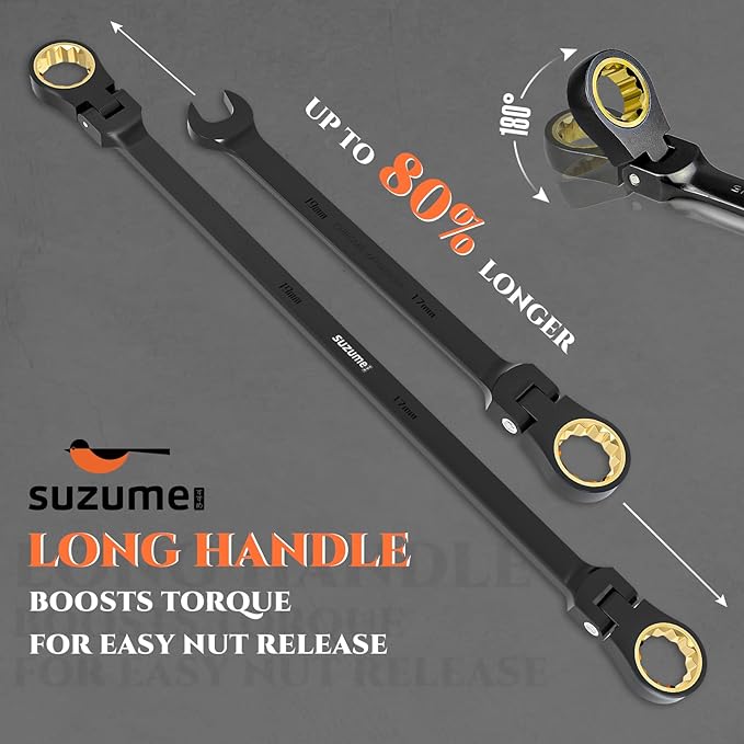 SUZUME Extra Long Flex Head Ratcheting Wrench Set 6PCS (8-19mm) Double Box End Metric EVA Foam 180째 Flexible Head 15K Gear Cycles Tested Black Chrome Finish CR-V Steel for Tight Engine Bays with Pouch