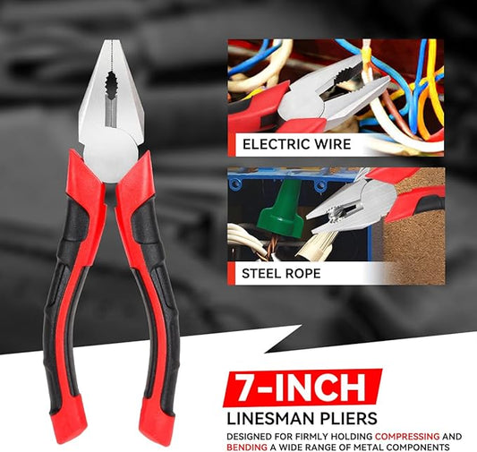 Universial 7" Linesman Plier Tool with Milled Teeth Hot-Riveted Joint Non-Slip Handle, Red