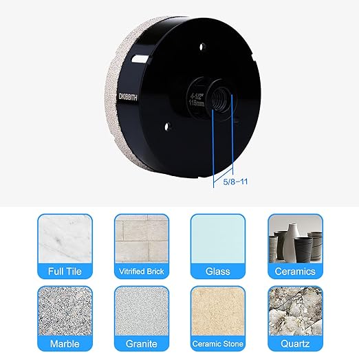 DKIBBITH 4-1/2in Dry Diamond Core Drill Bit, Tile Hole Saw for Ceramic Porcelain Granite Quartz Marble Tiles Stone Brick Glass Block with 5/8-11 Thread Fit Angle Grinders, 115mm Black