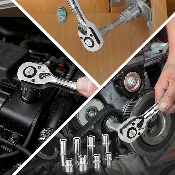 DISEN 3-Piece Stubby Ratchet Set ??1/4", 3/8", 1/2" Drive | 100-Tooth Ratchet with EVA Storage Tray | Quick Release Button | Non-Slip Grip | Reversible 3.6째 Design for Tight Spaces, Chrome Finish