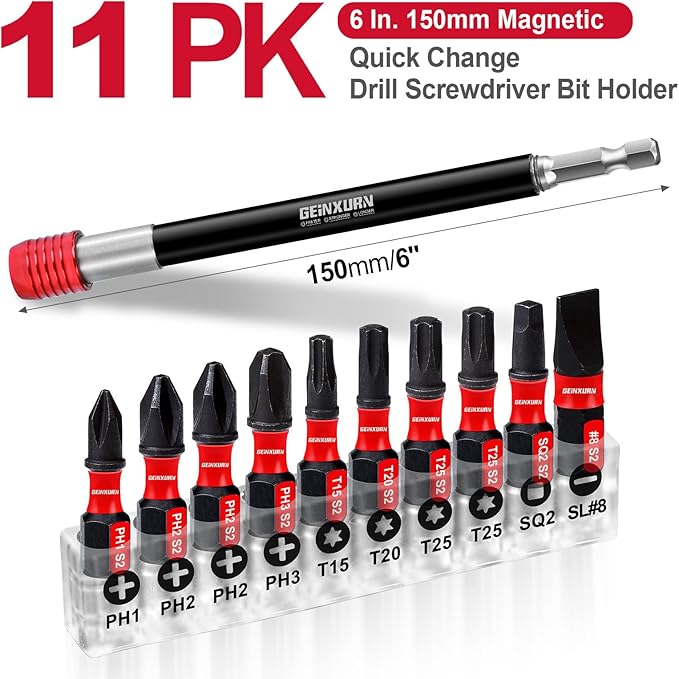 6??Impact Screwdriver Bit Holders with 10Pcs Screwdriver Bit, Magnetic Extension Quick-Change Socket Drill Bit Holder Cr-V Steel Hex Shank Quick Release Extra Long Drill Bit Guide