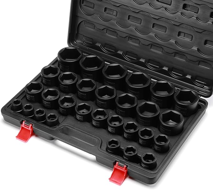 CASOMAN 29-Piece 3/4" Drive Shallow Spindle Axle Nut Impact Socket Set, 6-Point, Standard Large Socket Set, SAE (3/4" to 2-1/2"), CR-MO Steel, with Storage Case