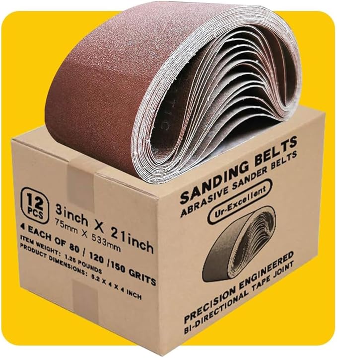 3x21 3 x 21 Inch Sanding Belt Pack 3-Inch x 21-Inch,12 Pcs(4 Each of 80 120 150 Grits) Aluminum Oxide for Sander