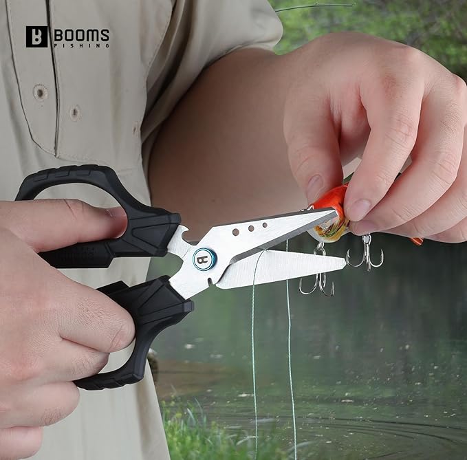 Booms Fishing Braided Line Cutter: 6.3in Multifunction Fishing Scissors with Lanyard and Sheath - Fishing Shears with Serrated Blades and Side Wire Cutter, S04