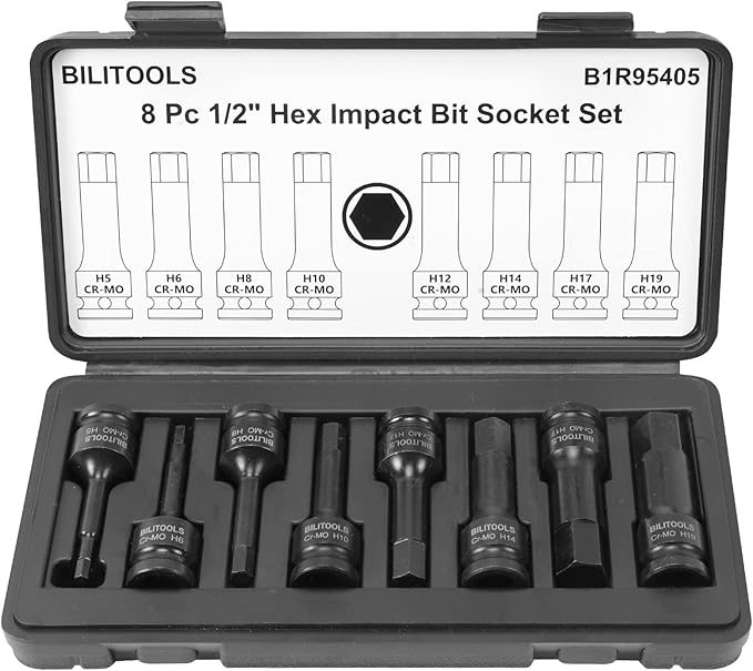 BILITOOLS 8-Piece Impact Hex Allen Bit Socket Set 1/2 inch Drive, H5-H19, Cr-Mo Steel