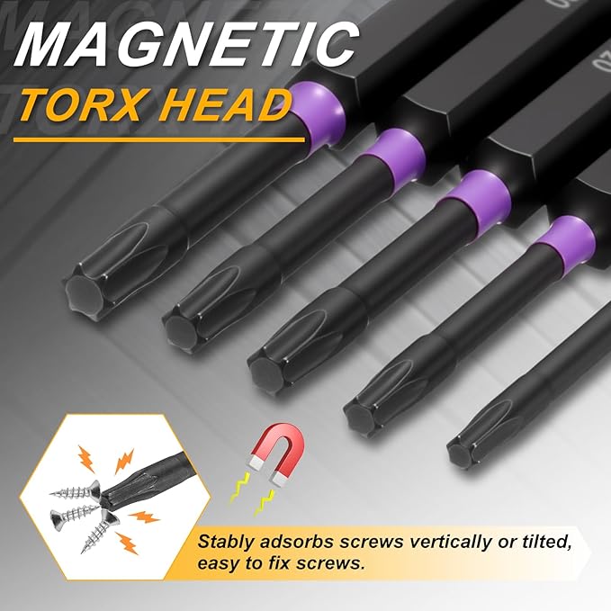 HARFINGTON 5pcs T10 Torx Head Impact Screwdriver Bits 1/4" Hex Shank 2.8" (70mm) Long Magnetic No Hole Tamper Proof 6 Point Star Screw Driver Drill Bits Phosphate S2 Steel Power Tools