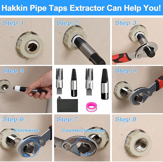 Hakkin 4 Pcs 1/2" - 3/4" Carbon Steel Water Pipe Extractor NPT Taps Set, Water Pipe Triangle Valve Repair Kit, Manual Broken Pipe Remover Thread Repair Tool with Storage Case Bonus a Pipe Seal Tape