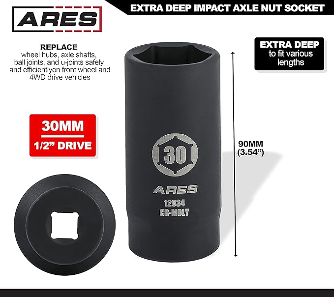 ARES 12034-30MM Axle Nut Socket - 6 Point Socket - Extra Deep 1/2-Inch Drive Impact Socket for Easy Removal of Axle Shaft Nuts