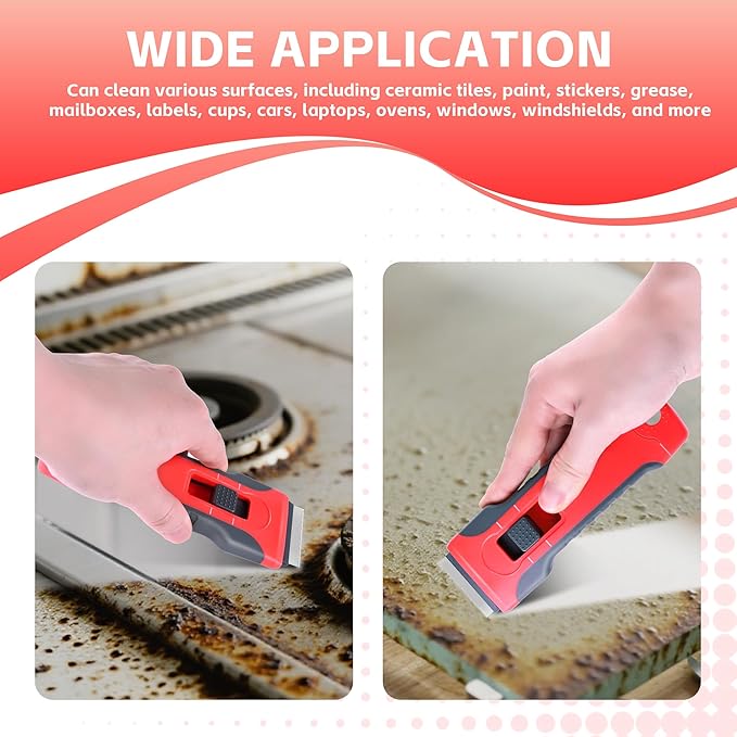 Razor Blade Scraper with 10pcs Blades and 3Pcs wire brushes,Scraper Tool for Cleaning Glass Window, Cooktop, Oven, Stove Scraper, Scraper with Buit-In Blade Storage, Upgraded Lock Mechanism,Gray