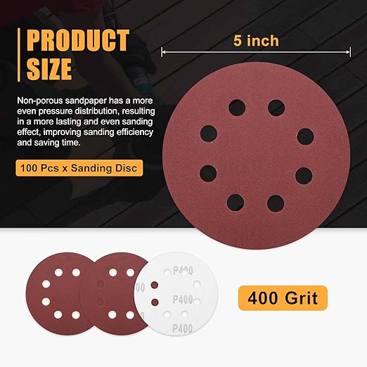 100 Pack 5 Inch Sanding Disc 400 Grit 8 Hole Round Hook and Loop Sandpapers Fit for Orbital Sander Automotive or Cars Repairing, Grinding or Polishing, Red