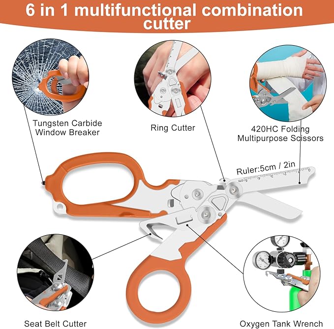 6in1 trauma shears - emergency responders, outdoor emergencies scissor, medical staff, and outdoor camping scissors, ttrauma scissors (orange)