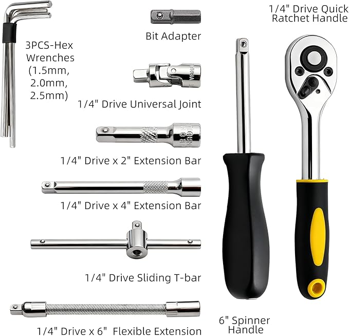46-Piece Socket Wrench Set, Premium 1/4 inch Metric Socket Set, Ratchet Set with Quick-Release Ratchet and Extension Bar, Compact Storage Case - Perfect for Auto Repair & Home Use