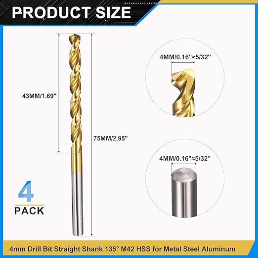 PATIKIL 4mm Drill Bit, M42 8% Cobalt High-Speed Steel Jobber Straight Shank 135° Titanium Nitride (TiN) Coated for Hard Metal Stainless Steel - 4 Pack