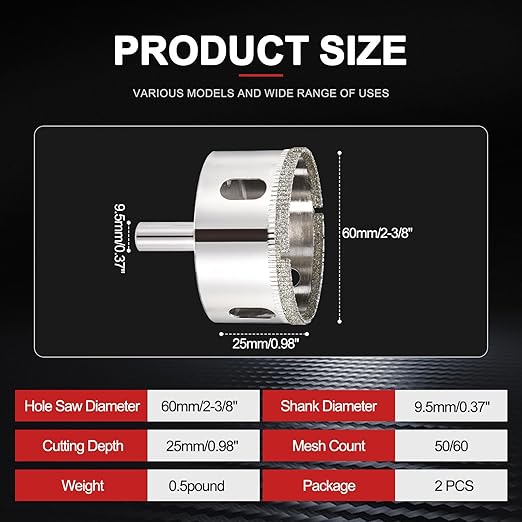 PATIKIL 2pcs 2-3/8" (60mm) Diamond Hole Saw, Glass Diamond Hole Cutters Hollow Core Drill Bits for Fiberglass, Tile, Porcelain, Ceramic