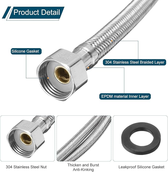 uxcell 2Pcs 12" Faucet Supply Lines Connector Stainless Steel Braided Long Faucet Connector G1/2 Female Compression Thread x G1/2 Female Straight Thread for Kitchen Sink Bathroom (Silver)