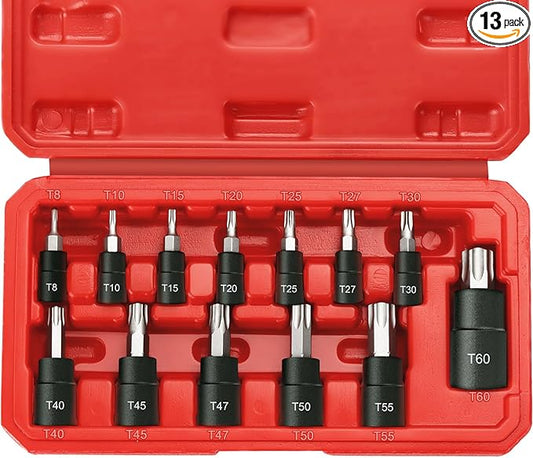 13-Piece Torx Bit Socket Set, 1/4?? 3/8??and 1/2??Drive T8-T60 Star Socket Set, S2 Steel Bits and CR-V Sockets with Storage Case