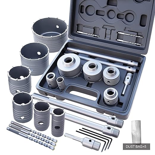GSTK 15pcs Concrete Hole Saw Set (30 40 50 65 80 100mm) with SDS Plus Shank Connecting Rod 110mm and 5pcs Dust Catchers, Concrete Hole Saw Kit for Concrete|Cement|Brick|Stone|Wall.