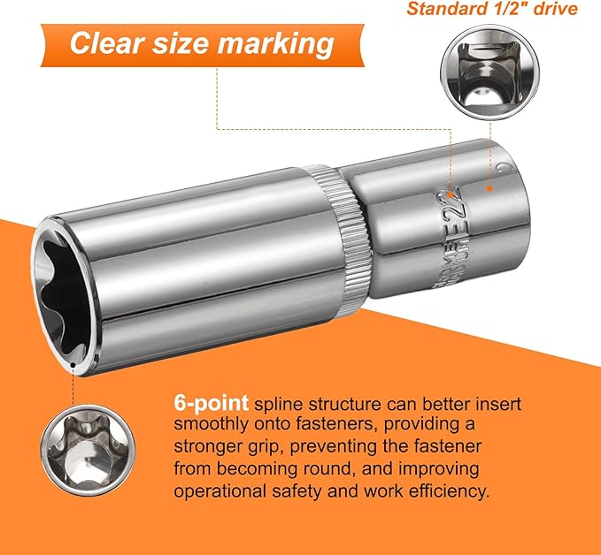 HARFINGTON 2pcs E-Torx Socket 1/2" Drive E22 Star Female Socket 3.1" Length External Torx Deep Sleeve Chrome Plating 6 Point Spline Sleeve for Auto Repairs Home Maintenance
