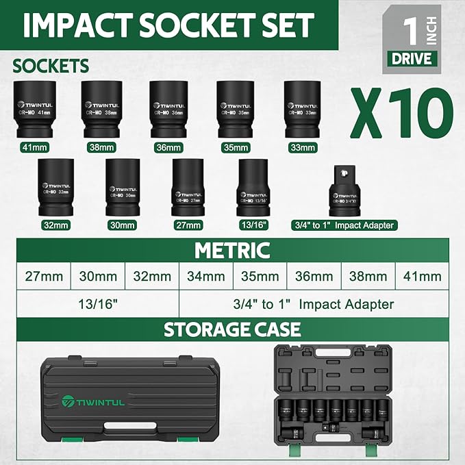 1 Inch Drive Impact Socket Set, 6 Point, Metric,10pcs (27??1mm), 42 CR-MO, Includes 3/4"F x 1"M Adapter & 13/16" Impact Socket, Heavy Duty Large Socket Set for Truck & Equipment Repair