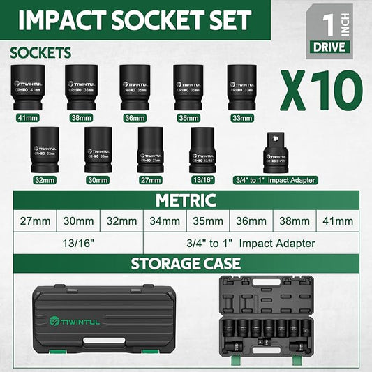 1 Inch Drive Impact Socket Set, 6 Point, Metric,10pcs (27??1mm), 42 CR-MO, Includes 3/4"F x 1"M Adapter & 13/16" Impact Socket, Heavy Duty Large Socket Set for Truck & Equipment Repair